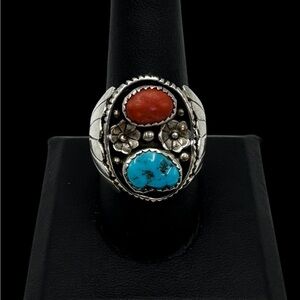 Signed Navajo Native American Sterling Silver Turquoise Coral Mens Ring 10.25